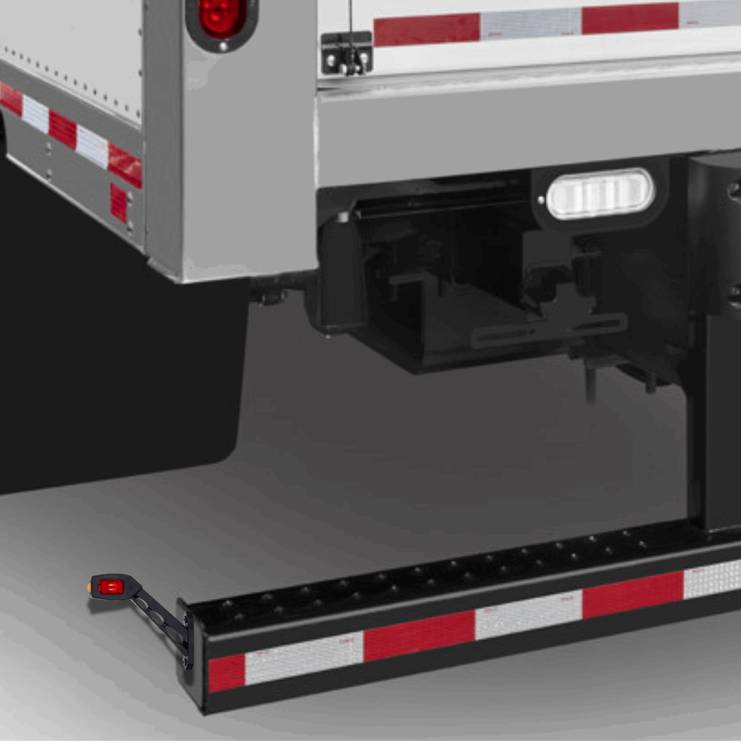 Close-up of a trailer bumper, showing roadlites contour marker lights installed.