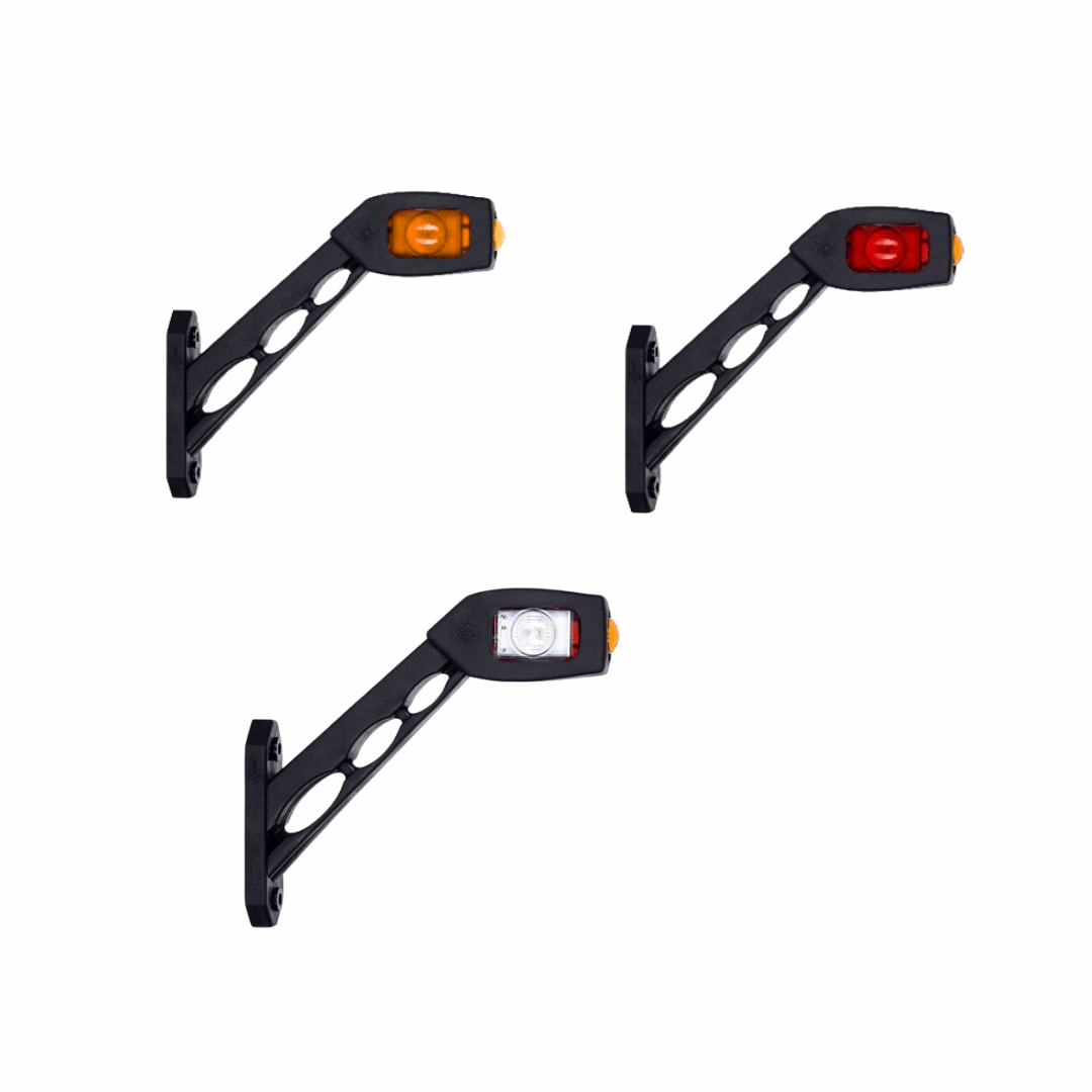 Three black bracket-style light holders with different colored lights on a white background
