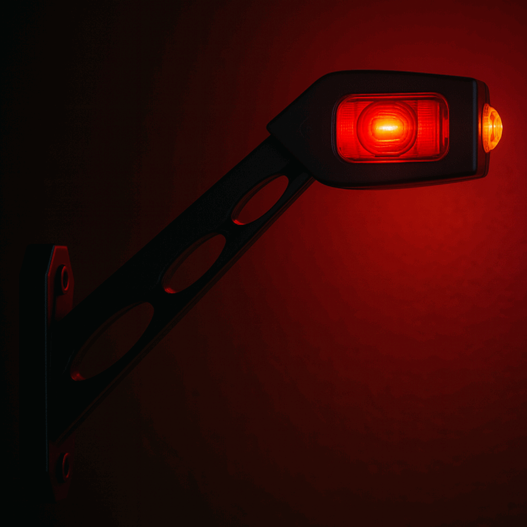 Red LED marker light on a black bracket against a red background