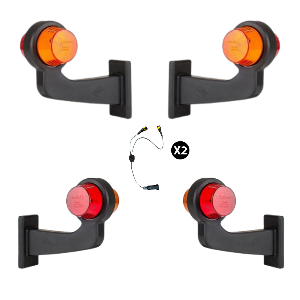 Set of four firetruck amber and red led outline lights with black harness on a white background