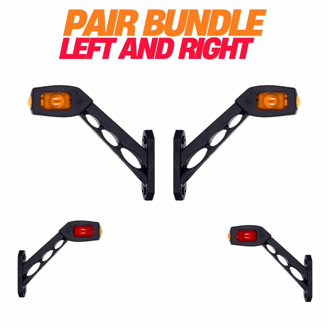 Pair of black trailer contour marker lights with orange and red lenses on a white background.