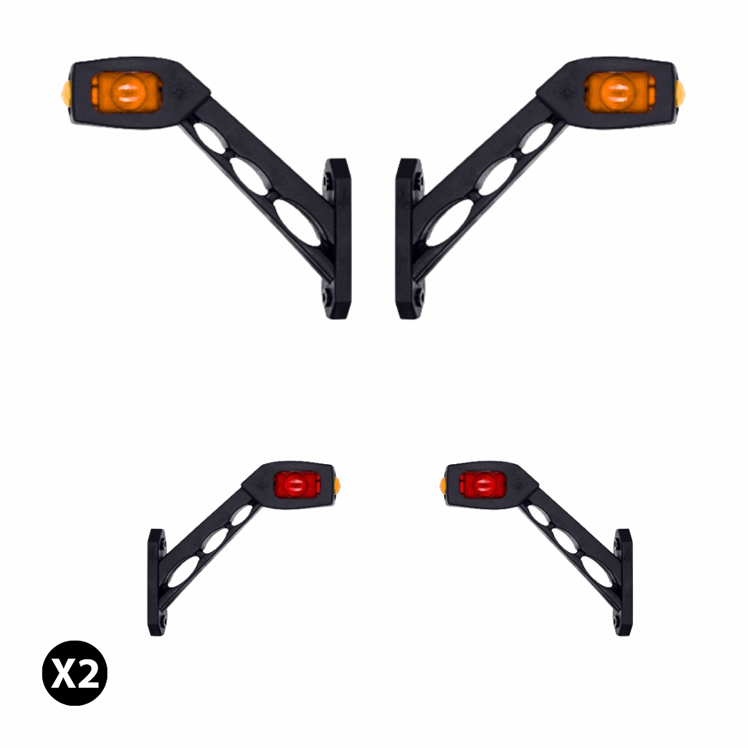 Two pairs of High-visibility red and orange led contour marker light for enhanced safety on semitrucks, trailers, and commercial vehicles on heavy duty semitrucks, box trucks, trailers, vocational, passenger, fire trucks, and commercial vehicles.
