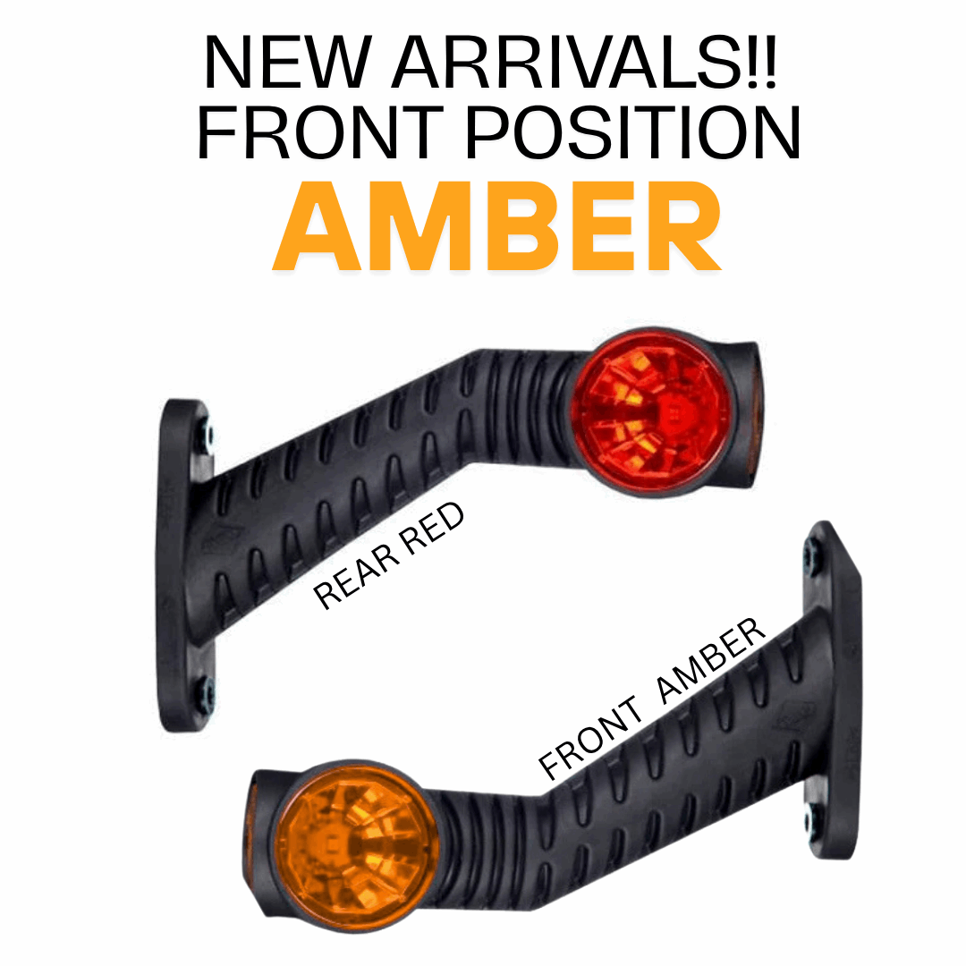 Two amber and red RoadLites extended long arm LED outline marker lights with 'NEW ARRIVALS!! FRONT POSITION AMBER' text on a white background.