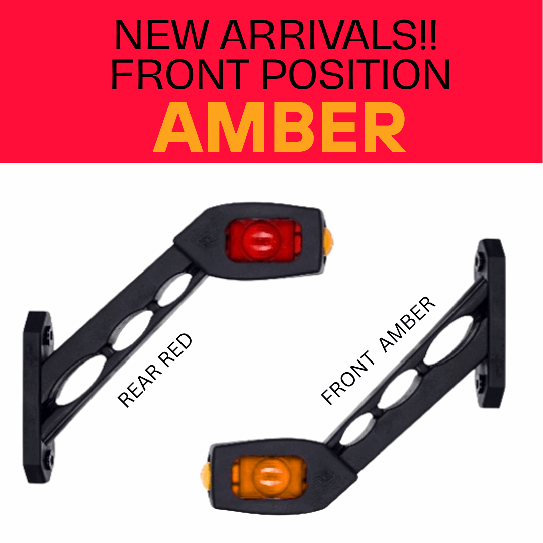 Amber and red marker lights for semi trailers with text indicating new arrivals and front position.
