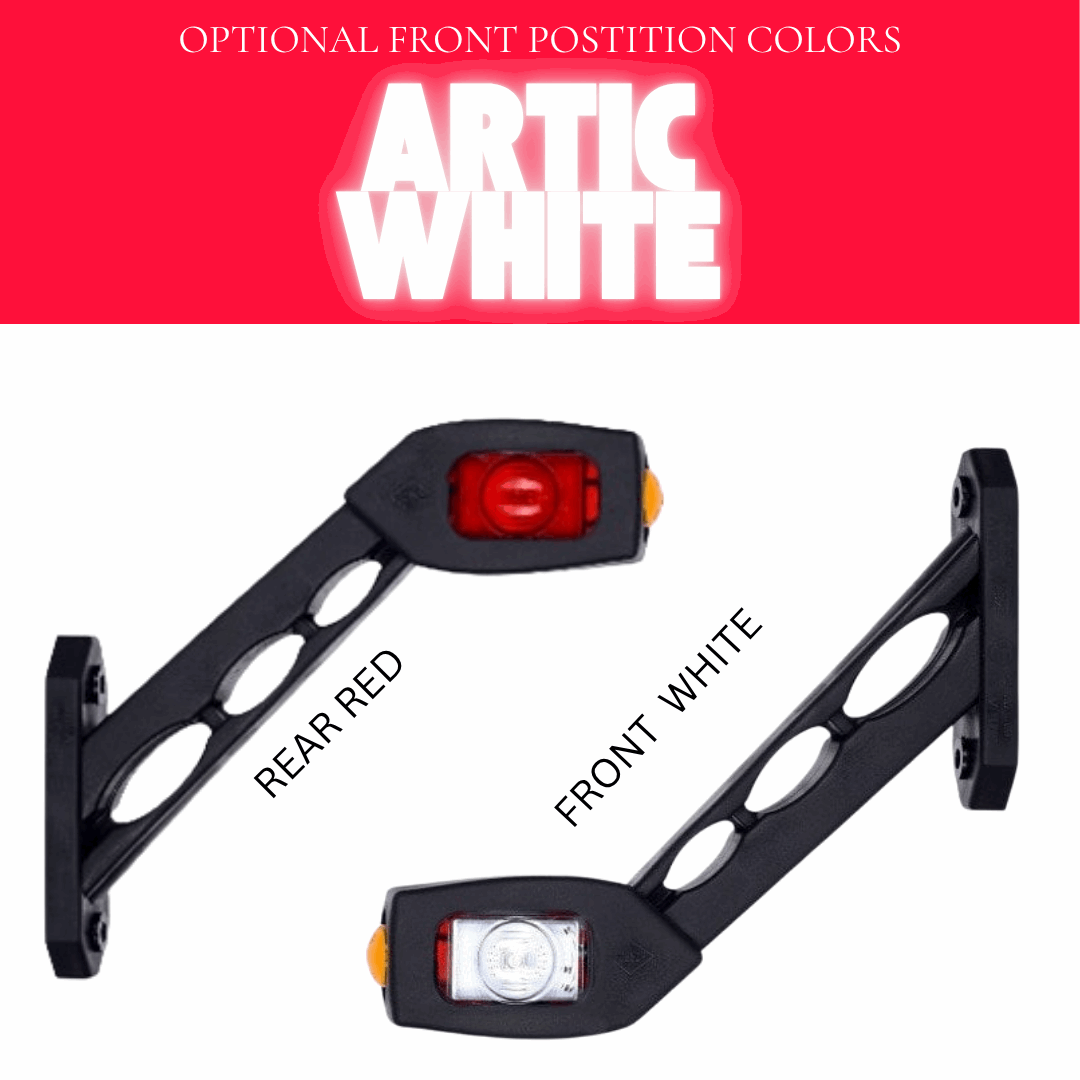 Contour marker lights with red and white lights on a white background, labeled for color options.