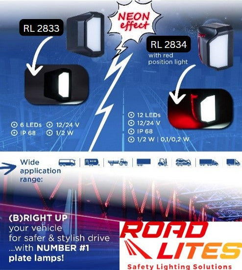 Advertisement for RoadLites safety lighting solutions with two types of LED lights on a blue background.
