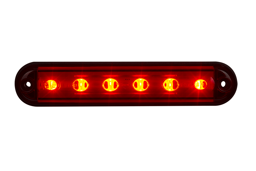 Red LED Brake Lamp LSD 2524 illuminated, showing bright LED lights in a compact, waterproof design for 12V and 24V systems.