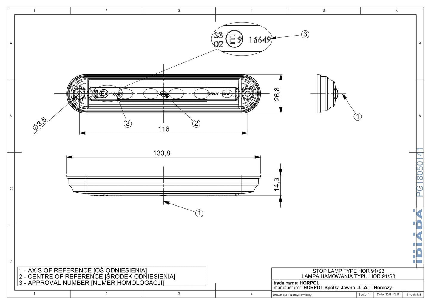 Red LED Brake Lamp LSD 2524 technical drawing showing dimensions, mounting points, and certification details.