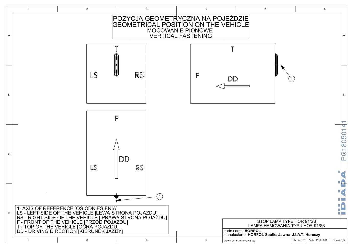 Technical drawing showing the geometric position of the Red LED Brake Lamp LSD 2524 on a vehicle for vertical fastening.