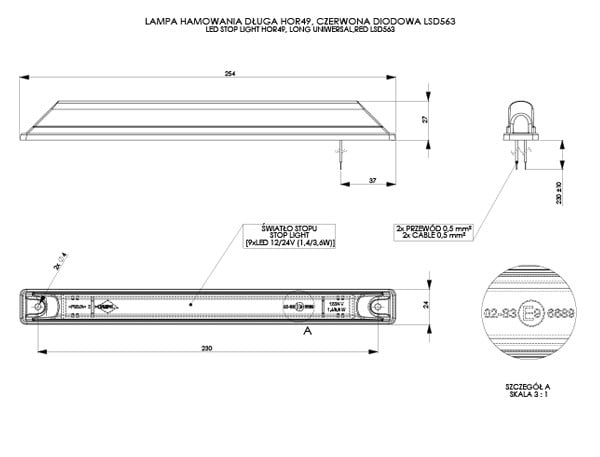 9 Red LEDs Brake Lamp LSD 563 technical drawing with dimensions and wiring details for precise installation.
