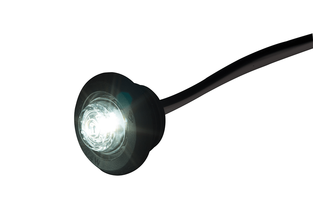White LED Clearance Marker Lamp LD 2628 illuminated, compact LED lamp with wiring for universal vehicle front positioning.