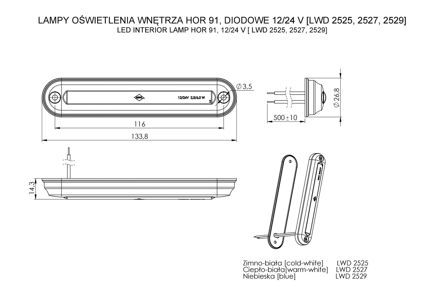 Interior lighting lamp LWD 2527 technical drawing showing dimensions, mounting points, and cable inlet for trailer or truck installation