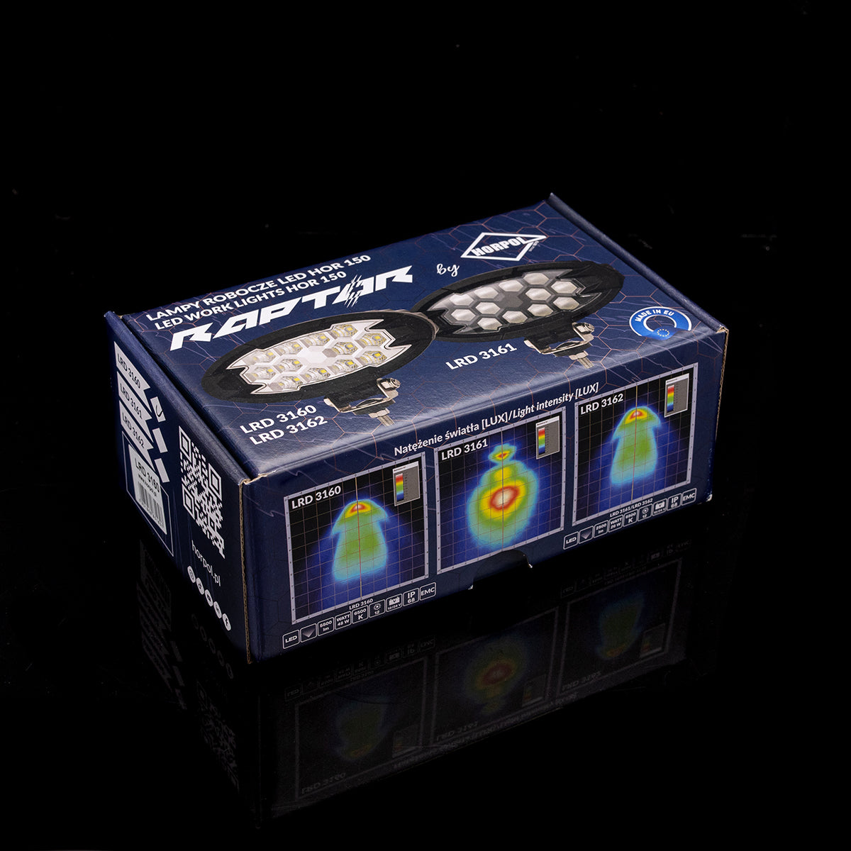 Box of Oval LRD 3160 RAPTOR LED work light glowing, 5500-lumen 12-LED auxiliary lamp for trucks, agricultural, construction equipment, and off-road vehicles