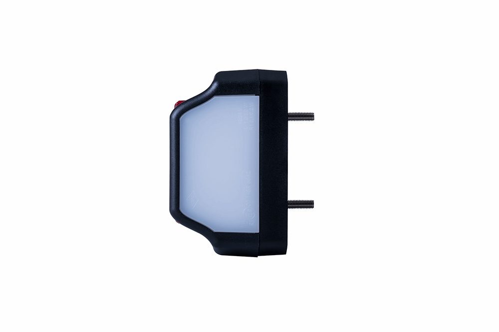 LED License Plate Lamp With Position Light RL 2834 showing slim, durable design with dual mounting pins and white diffuser panel.