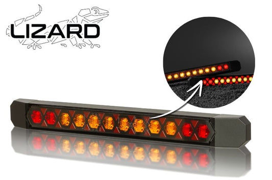 Rear Multifunction Amber and Red LED Light With Static Direction Indicator LIZARD LZD 3140 showing illuminated amber and red LEDs.