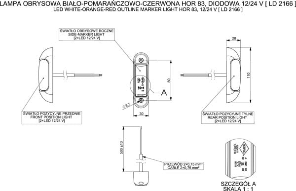 Triple Function LED Clearance Light LD 2166 with white, orange, and red LEDs for front, side, and rear vehicle marking.