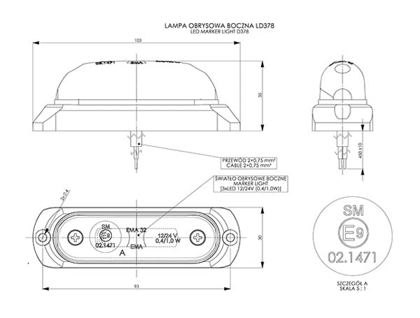 Technical drawing of Amber Oval LED Marker Light LD 378 showing dimensions, wiring, and mounting details.