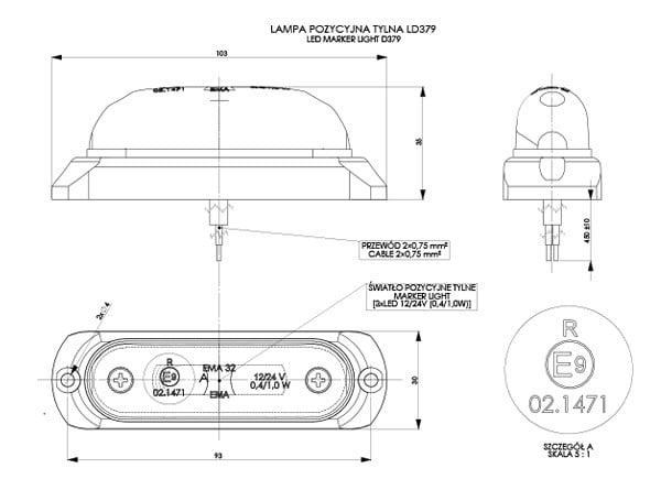 Oval LED Marker Light LD 379 technical drawing showing dimensions, mounting, and LED placement for side and rear vehicle use.
