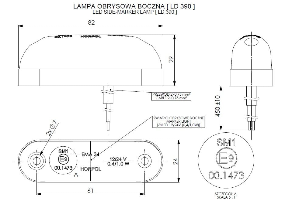 Technical drawing schematic of the Marker Light LD 390 LED side marker lamp with detailed dimensions and specifications.