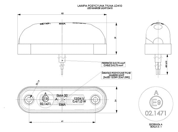 Marker Light LD 410 oval LED rear marker light with 3 LEDs, universal mount, for 12V/24V vehicles in red, orange, or white.