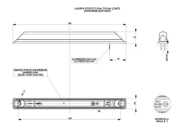Technical drawing of the Marker Light LD 473 showing dimensions and wiring details for rear LED marker light installation.