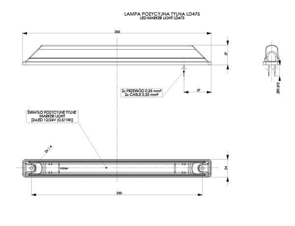 2 White LED Marker light LD 475 technical drawing showing dimensions, wiring, and structure of the rear marker light.