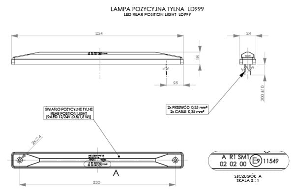 9 Red LEDs Rear Marker Light LD 999 technical drawing showing dimensions, wiring, and mounting details for rear vehicle use.