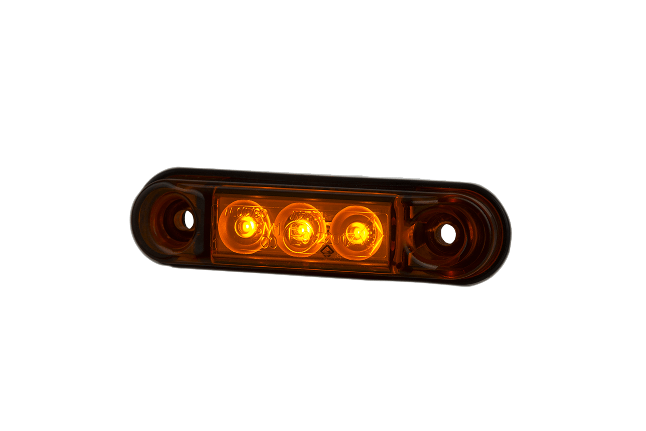 Amber LED Marker Light Slim LD 2439 with 3 bright LEDs, slim design, waterproof IP68, and universal 12/24V fit.