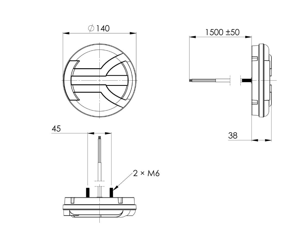 Multifunction Rear LED Lamp NAVIA LZD 2342 technical drawing with dimensions and cable length details.