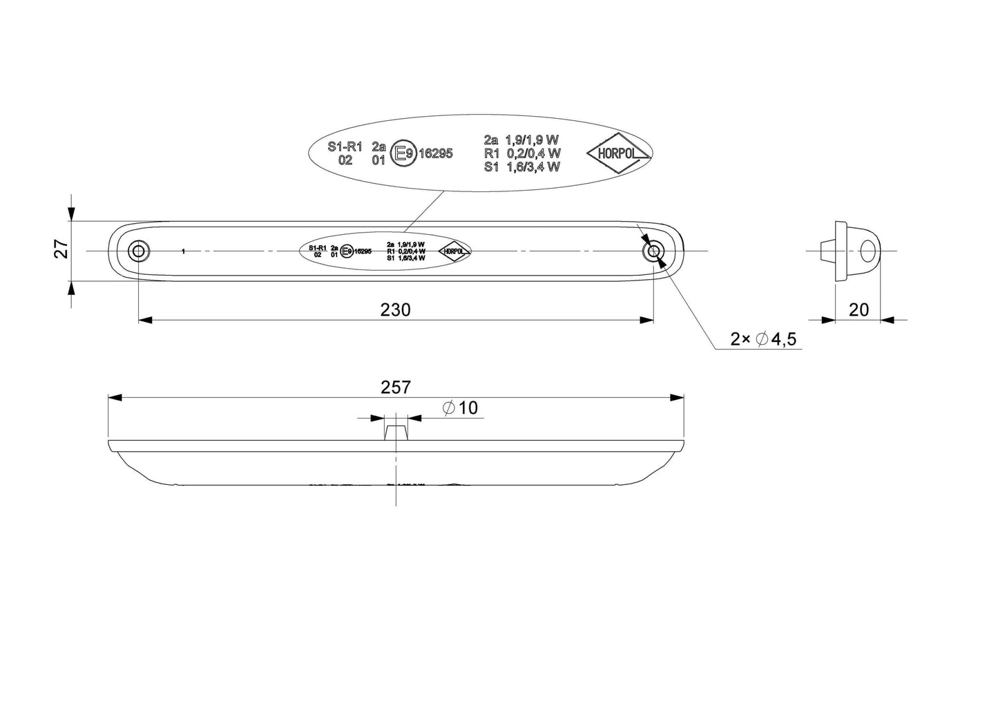 3 Function Red and Orange Rear LED Light Slim Design LZD 2246 technical drawing with dimensions and mounting details.
