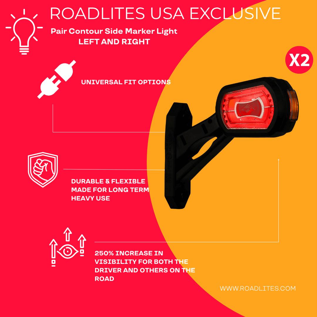 Roadlites USA exclusive side marker outline light with features listed on a red and yellow background