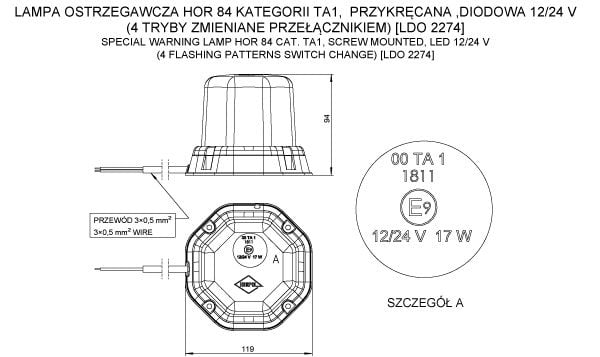 Warning Light LDO 2274 technical drawing showing dimensions, wiring, and specifications for LED screw-mounted lamp.