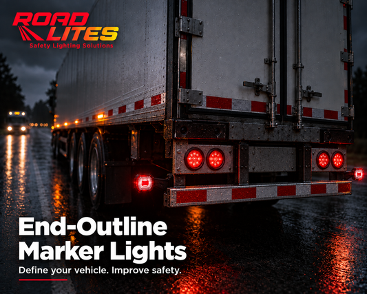 RoadLites LED end outline marker lights glowing red at the rear corners of an American semi-trailer on a rainy night.