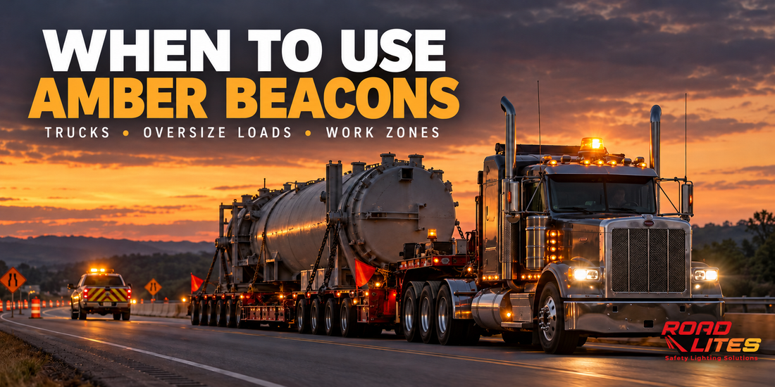 RoadLites graphic showing an oversize load truck and escort vehicle using amber beacon lights at dusk, with “When to Use Amber Beacons” headline.