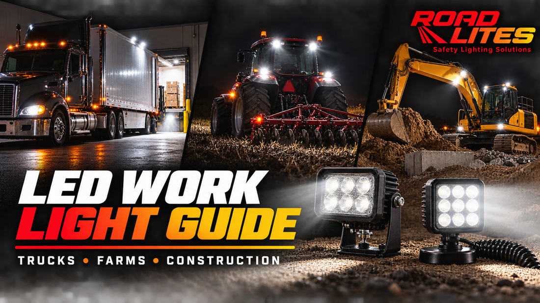 RoadLites LED work light guide graphic showing a semi-truck, farm tractor, and excavator working at night, with examples of bracket-mounted and portable magnetic work lights.