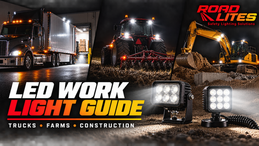 RoadLites LED work light guide graphic showing a semi-truck, farm tractor, and excavator working at night, with examples of bracket-mounted and portable magnetic work lights.