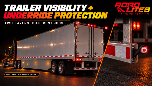 RoadLites graphic showing three amber lights centered on a trailer side skirt and an outline marker light mounted on the rear bumper, illustrating added trailer visibility.