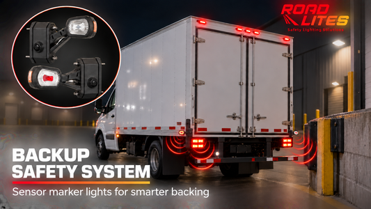 RoadLites LDCC 2724 and LDCC 2725 reverse sensor marker lights mounted at the lower rear corners of a box truck backing toward a loading dock.