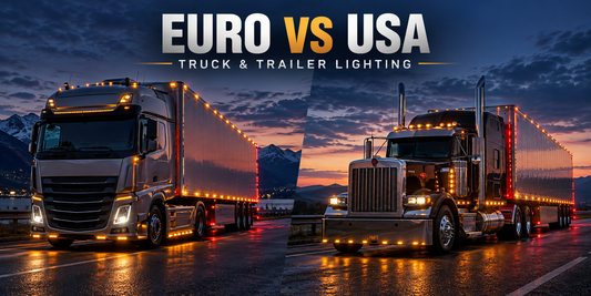 European cab-over truck and American long-nose truck with illuminated trailer outline lights, shown side by side at dusk with words EURO VS USA TRUCK & TRAILER LIGHTING