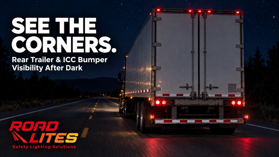 RoadLites graphic showing a trailer at night with illuminated end outline marker lights at both ends of its ICC bumper and the headline “See the Corners.”