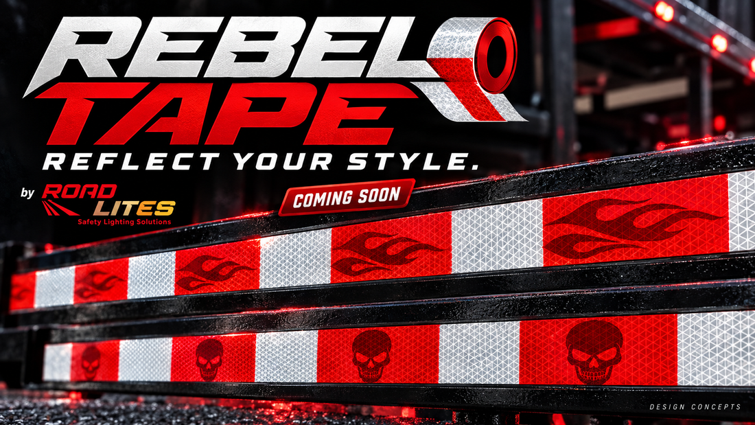 Rebel Tape by RoadLites coming-soon graphic featuring the “Reflect Your Style” tagline and red-and-white reflective tape concepts with flame and skull designs.