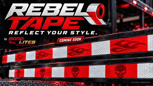 Rebel Tape by RoadLites coming-soon graphic featuring the “Reflect Your Style” tagline and red-and-white reflective tape concepts with flame and skull designs.