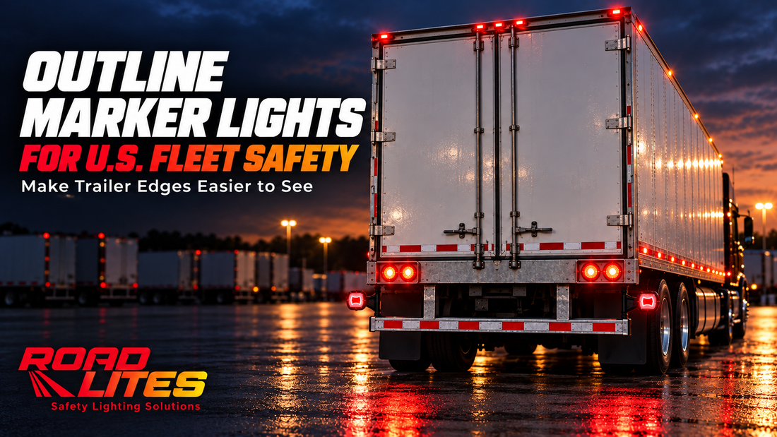 RoadLites red LED outline marker lights mounted at the lower rear corners of an American semi-trailer in a fleet yard at dusk, with the RoadLites logo.
