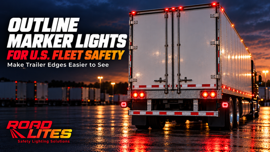 RoadLites red LED outline marker lights mounted at the lower rear corners of an American semi-trailer in a fleet yard at dusk, with the RoadLites logo.