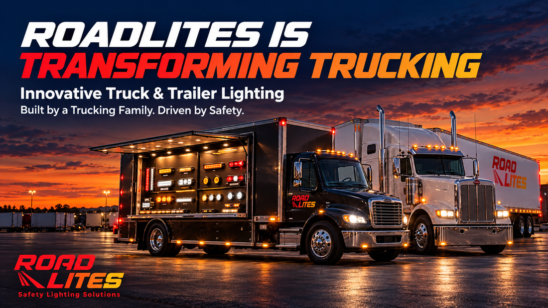 RoadLites-branded mobile showroom truck displaying LED lights beside a semi-truck and trailer at sunset, beneath the headline “RoadLites Is Transforming Trucking.