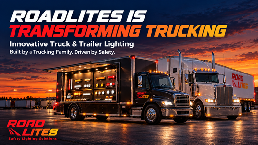 RoadLites-branded mobile showroom truck displaying LED lights beside a semi-truck and trailer at sunset, beneath the headline “RoadLites Is Transforming Trucking.