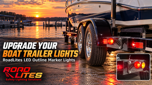 Boat trailer with RoadLites red and amber LED outline marker lights at a lakeside launch ramp at sunset, with a close-up of the flexible stalk arm mounted light.