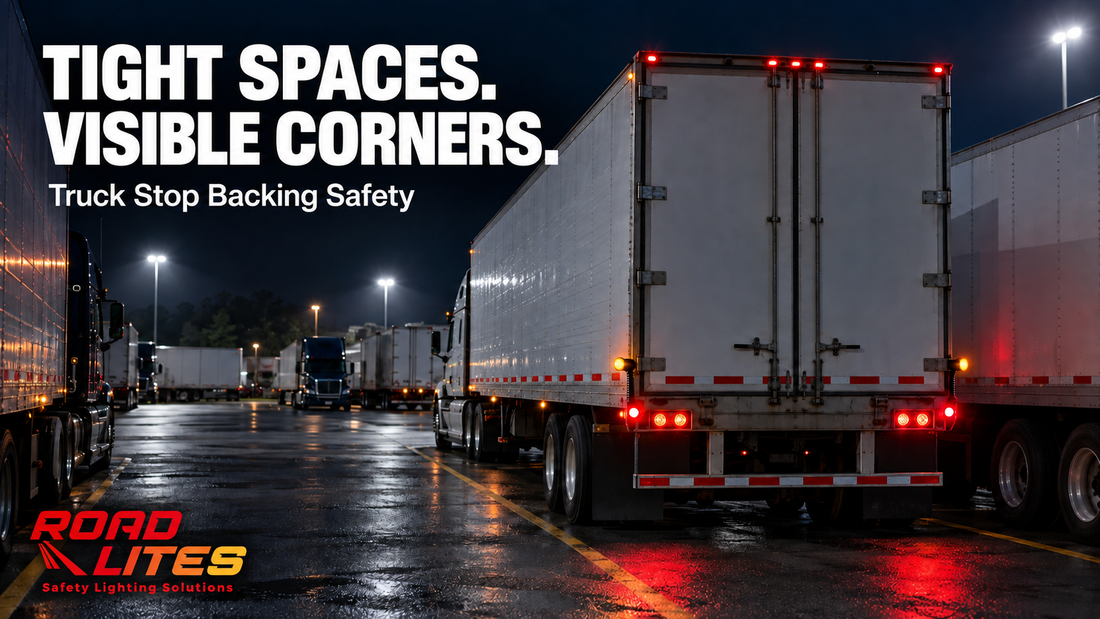 RoadLites truck stop backing safety graphic showing a semi-trailer with illuminated outline marker lights between parked trucks at night, with the headline “Tight Spaces. Visible Corners.
