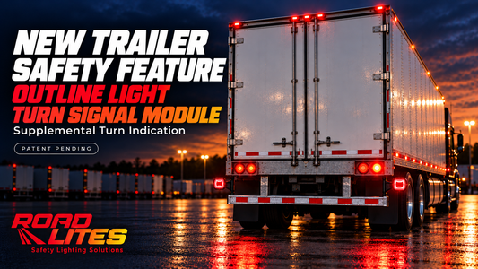 RoadLites announcement of a patent-pending outline light turn signal module, showing red outline marker lights and standard rear lights on an American trailer at dusk.
