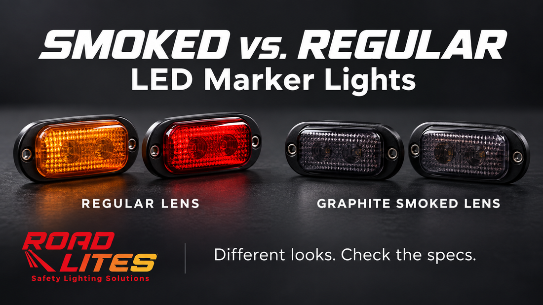 RoadLites graphic comparing amber and red regular lenses with dark Graphite smoked lenses on LED marker lights.